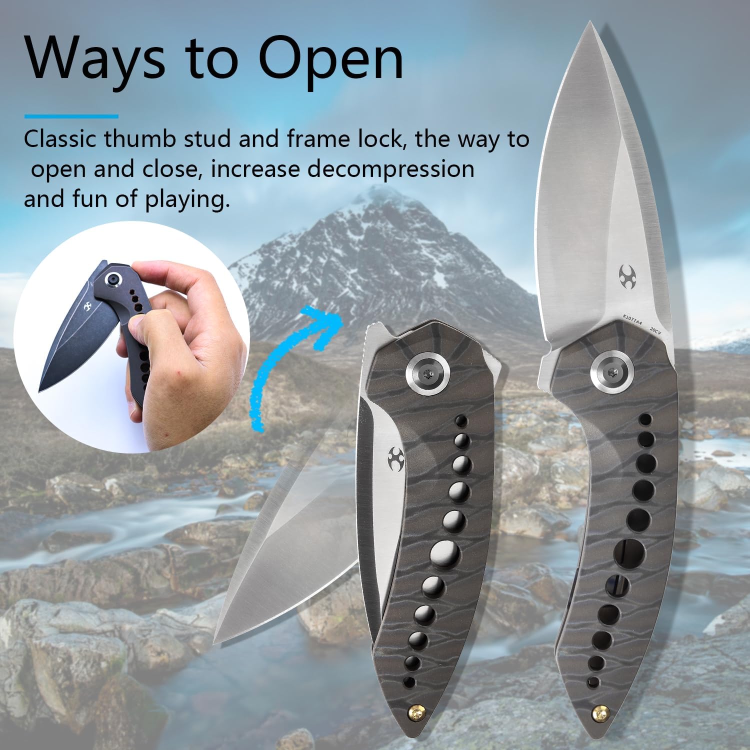 KANSEPT ODD 21 Pocket Folding Knives for Camping Hiking Folding Knife 3.06'' Satin CPM 20CV Blade EDC Knife with Titanium with Tiger Stripe Finish Handle for Men and Women Everyday Carry K1077A4