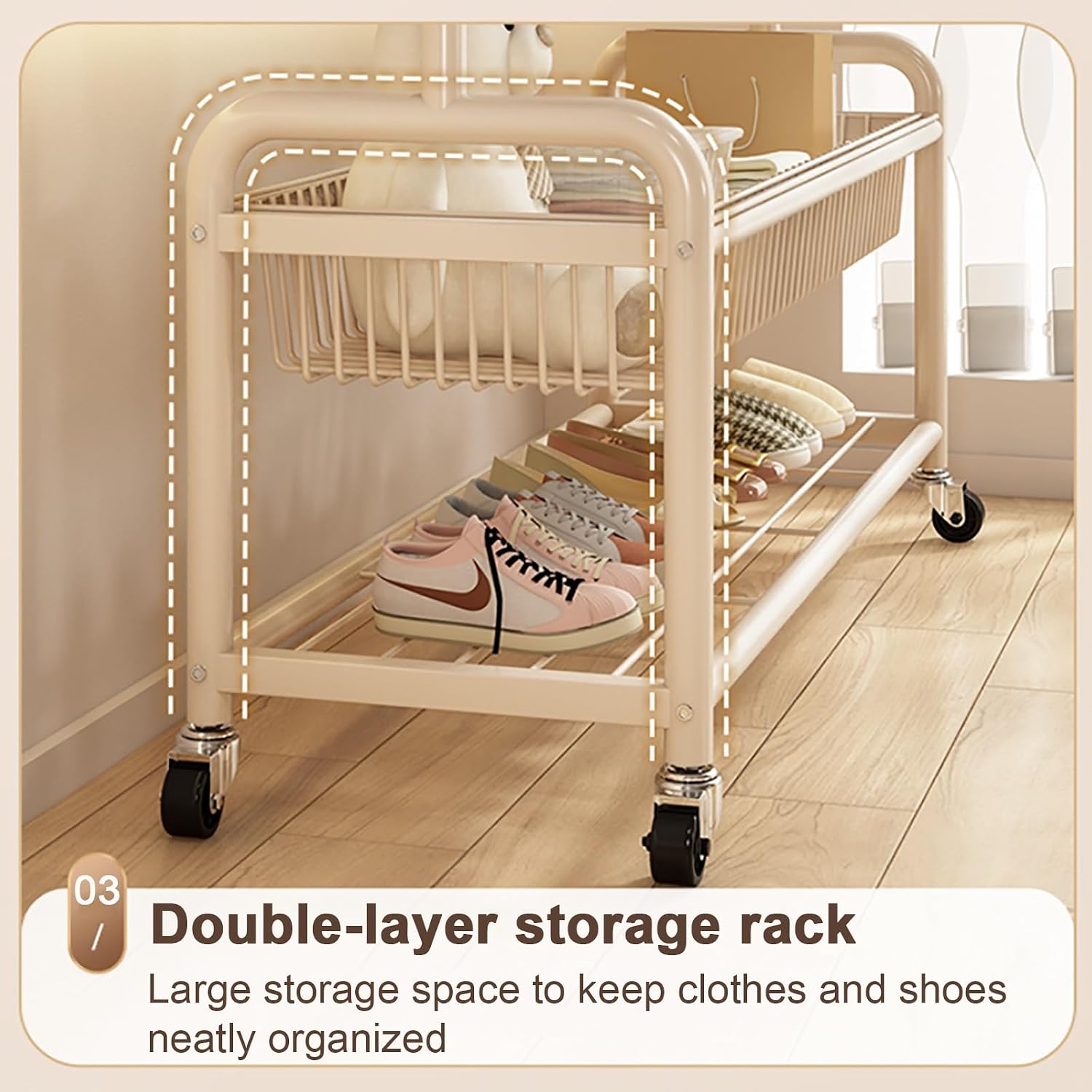 Clothes Rack For Hanging Clothes,Portable Rolling Garment Racks With Wheels And Hooks,Metal Freestanding Coat Rack With Storage Shelves,Clothing Rack For Bedroom(100cm(39.4in))