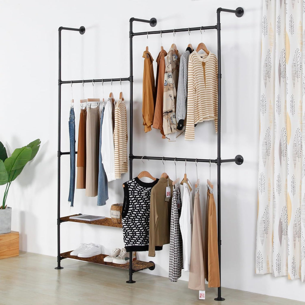 Industrial Pipe Clothing Rack Wall Mounted - Heavy Duty Wood Shelves Garment Display for Bedroom/Retail Stores, Steampunk Clothes Hanger Organizer, Black(91.7X74.8inch)