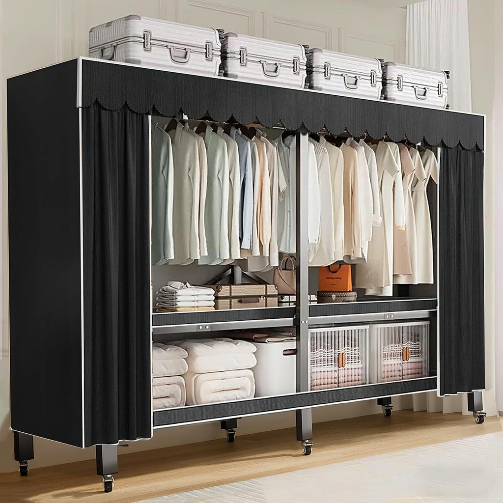 Heavy Duty Portable Closet with Cover 1200Ibs Foldable Covered Clothes Rack for Hanging Clothes Armoire Wardrobe Closet System Freestanding Coat Storage Garment Racks (150cm/59in（black）)