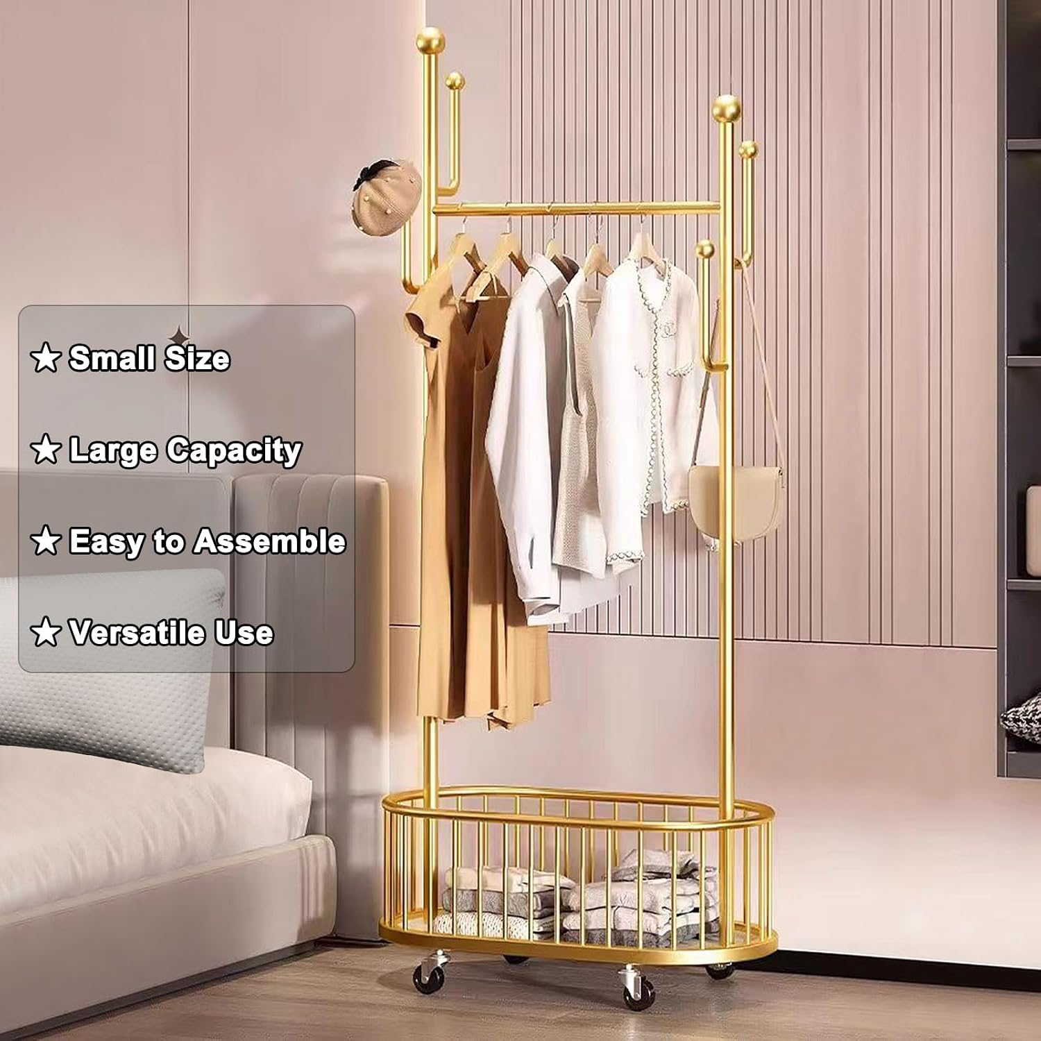 Gold Rolling Clothing Rack with Wheels and Basket Storage,31.5IN Metal Moveable Large Coat Rack Decorative Gold Clothing Rack for Hanging Clothes