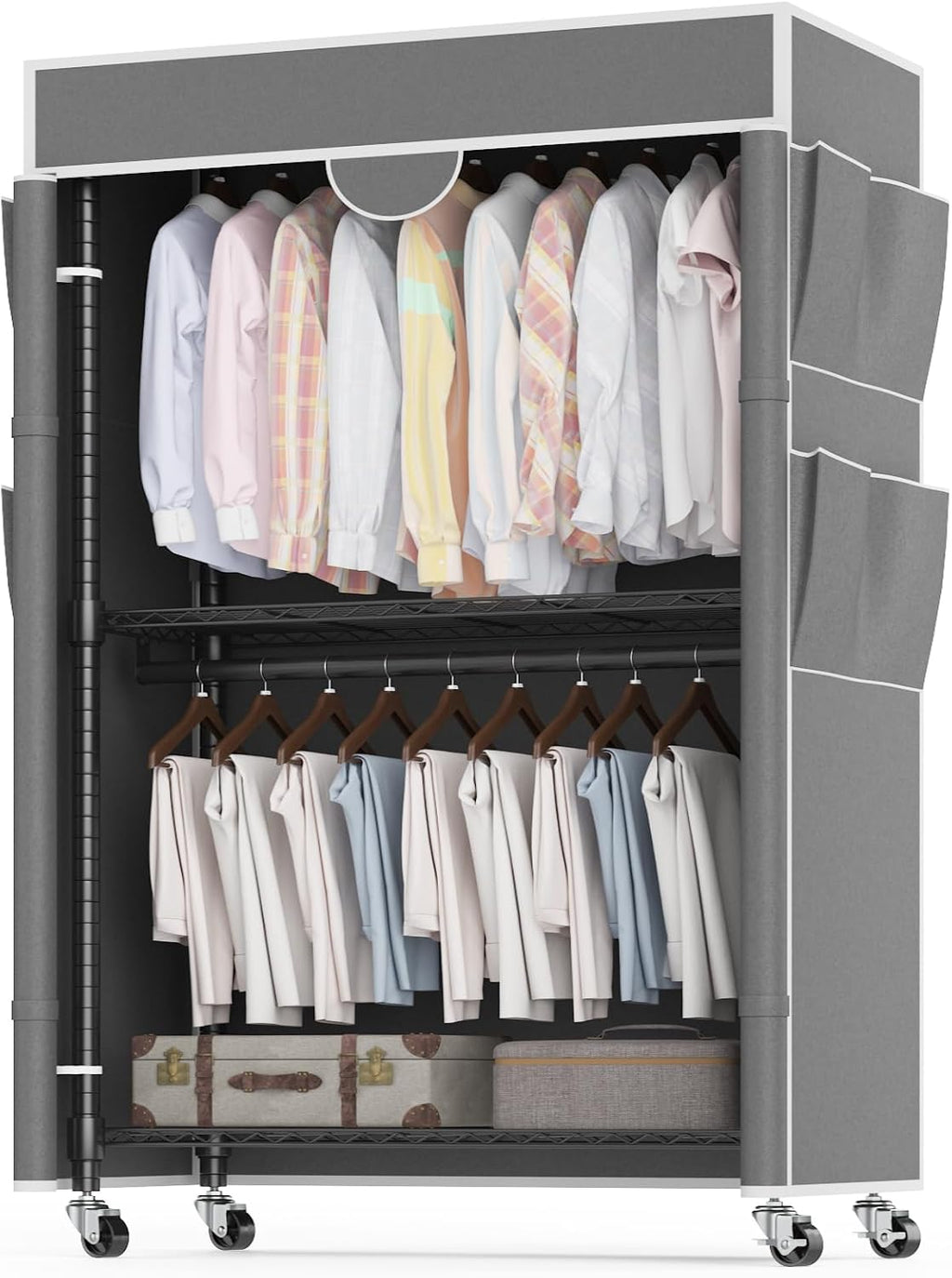 Homdox Garment Rack with Cover, Heavy Duty Clothing Rack for Hanging Clothes, Portable Closet Wardrobe, Double Rods Garment Rack with wheels, 35.1' W x 17.4' D x 80.6' H, Gray
