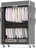 Homdox Garment Rack with Cover, Heavy Duty Clothing Rack for Hanging Clothes, Portable Closet Wardrobe, Double Rods Garment Rack with wheels, 35.1' W x 17.4' D x 80.6' H, Gray