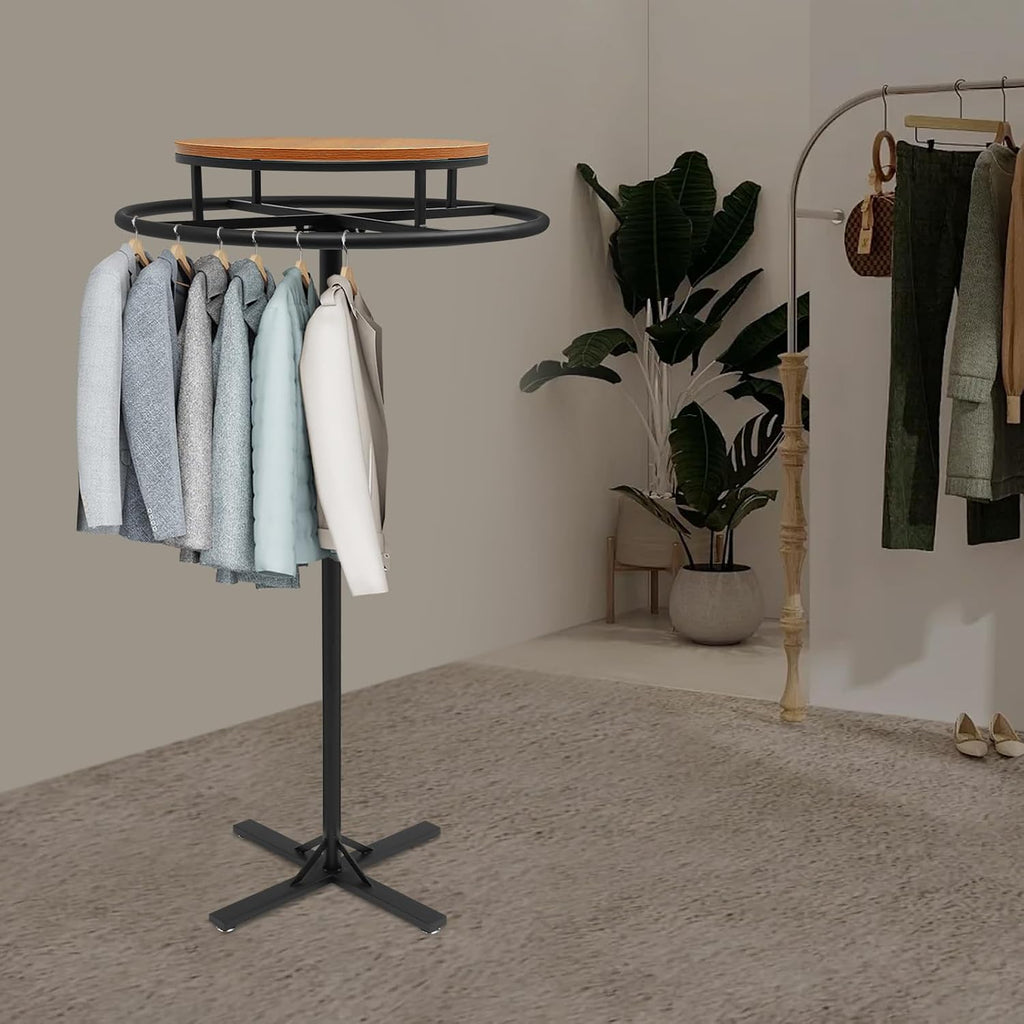 Round Garment Racks for Hanging Clothes 360° Rotary Clothes Display Rack 27.56' Diameter Freestanding Retail Display Stand Commercial Clothing Organizer Clothes Shelf for Retail Boutiques (Black)
