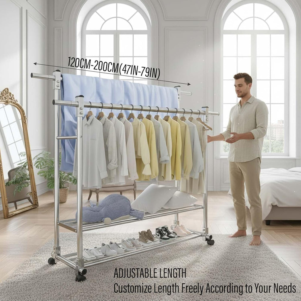 YSUEFIJO Stainless Steel Clothes Drying Rack with Wheels, Double Rods Extendable Laundry Hanger, Mobile Telescopic Garment Rack, Indoor Outdoor Folding Laundry Stand