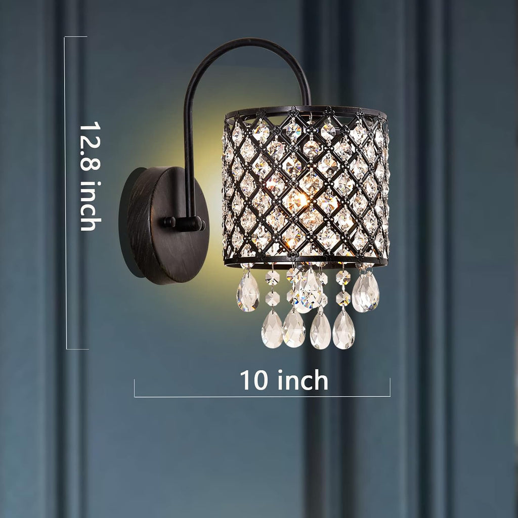 Maxax Crystal Wall Sconce, Modern Indoor Wall Lamp, Vanity Lighting Fixture with Lattice Drum Shade, ETL Listed, for Living Room, Bedroom, Hallway, Bathroom, Antique Black Finish, Set of 2