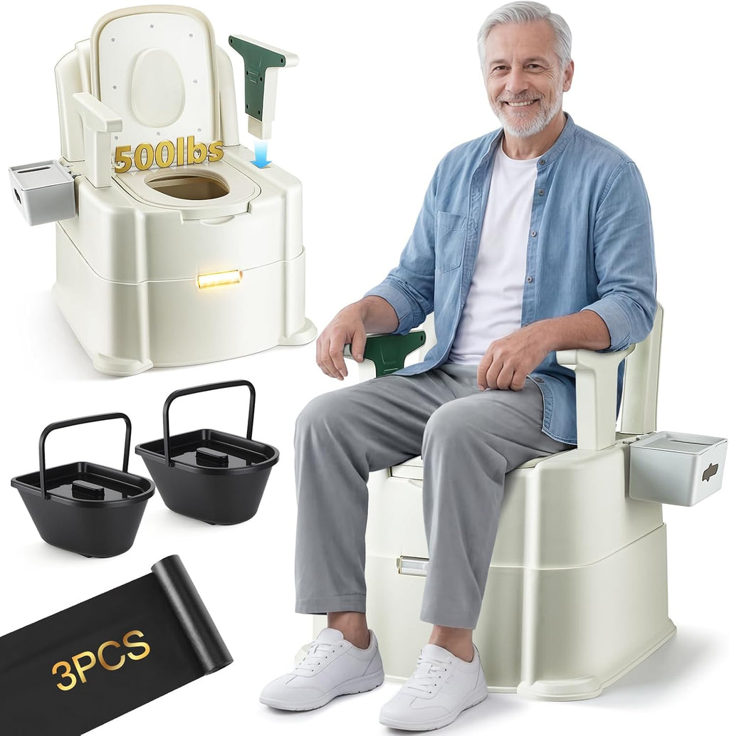 Bedside Commode, Portable Toilet for Adults, Commode Chair for Toilet with Arms, Height Adjustable, 2 Toilets and Induction Night Light, Potty Chair for Elderly and Disabled