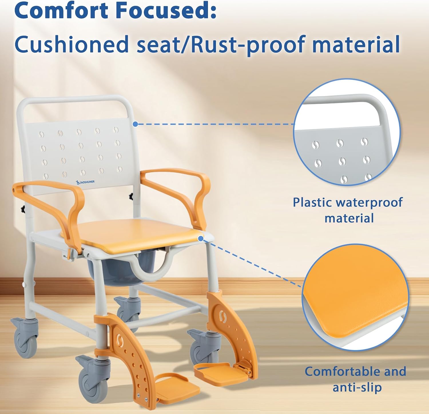 4-in-1 Rolling Shower Commode Chair with Drop Arms & Locking Casters, Anti-Tilt Heavy Duty Bedside Safety Seat for Elderly, High-Visibility Orange, 350lbs Capacity