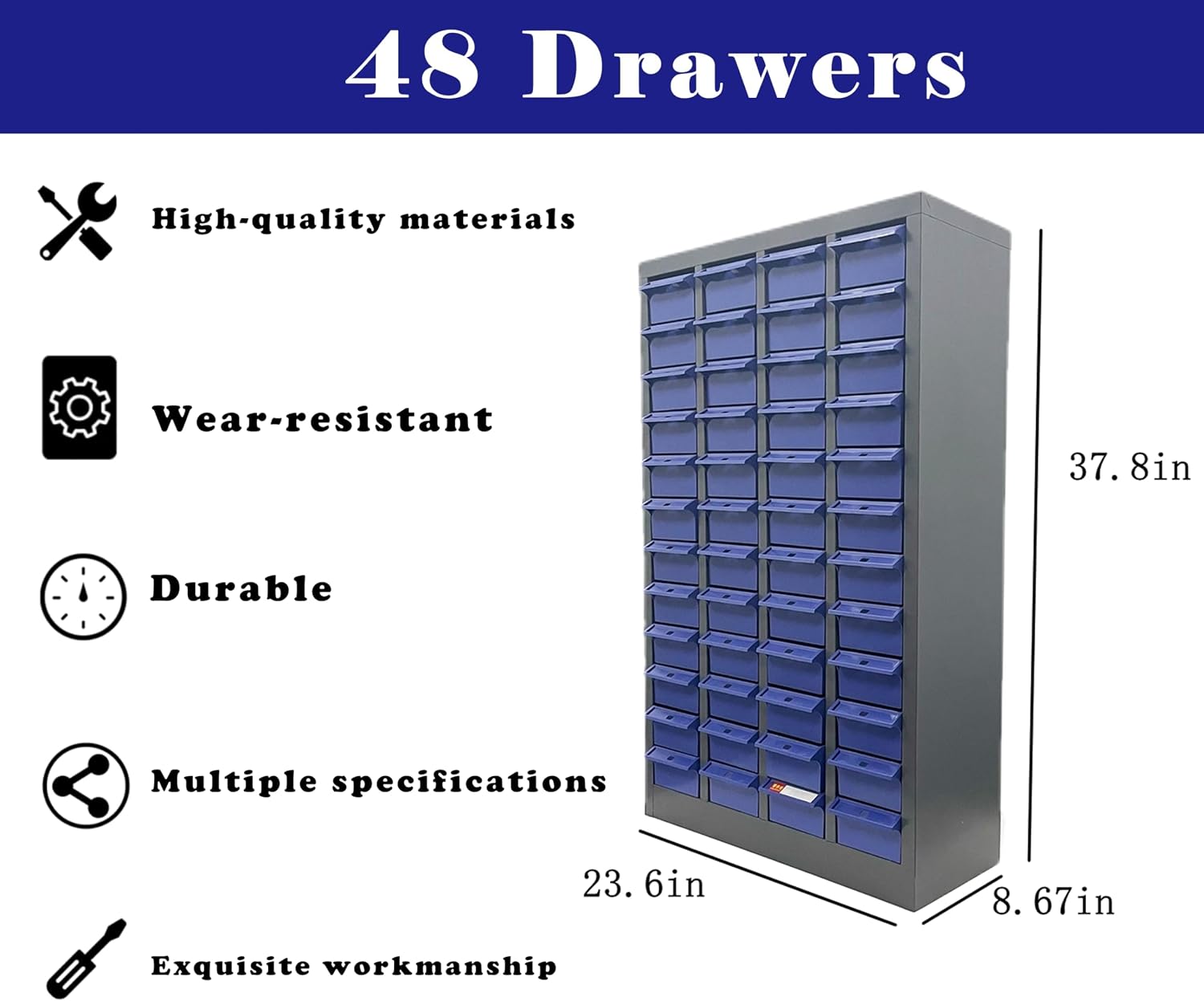 Parts Cabinet 48 Drawer Parts Drawer Storage Bolt Bins Organizer Storage Steel Tool Chest ABS/PS Material with Partitions and Labels