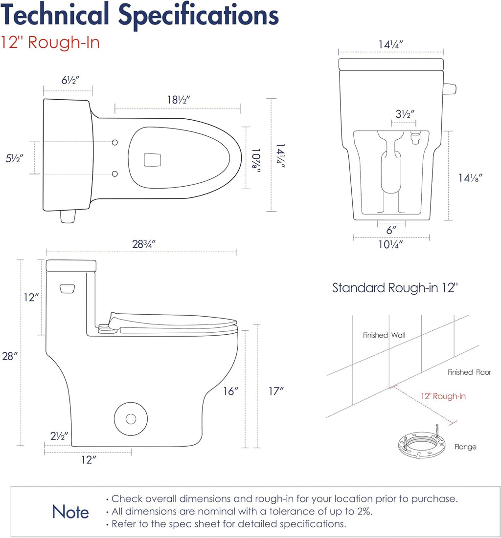 Eridanus One Piece Toilet Elongated With Soft Closing Seat, Comfortable ADA Compliant 17' Chair Height Seat, Powerful & Quiet Left Side Trip Lever Flush (1.28 GPF), 12' Rough-In