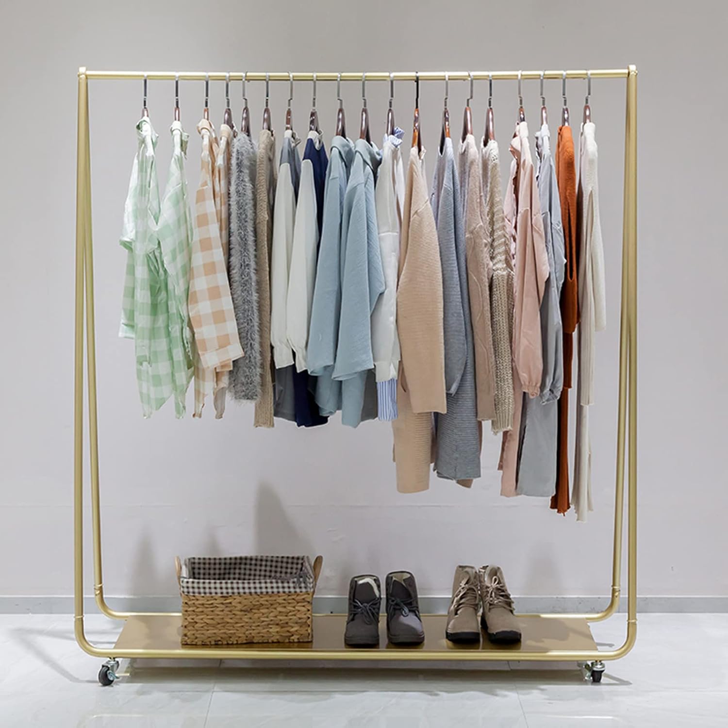 Garment Rack Simple Fashion Rolling Garment Rack with Wheels,Metal Cloth Hanger Rail Stand Clothes Drying Rack for Hanging Clothes,with Top Rod Organizer Shirt and Lower,180 * 165cm