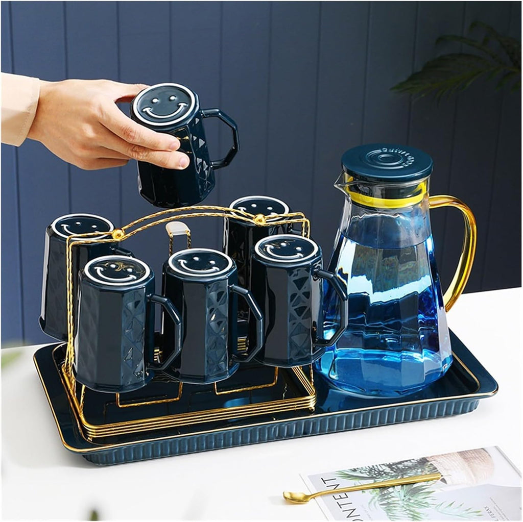 Beverage Serveware Ceramic water utensils gradient blue glass cold kettle teacup set household cups with storage rack combination Water Carafe