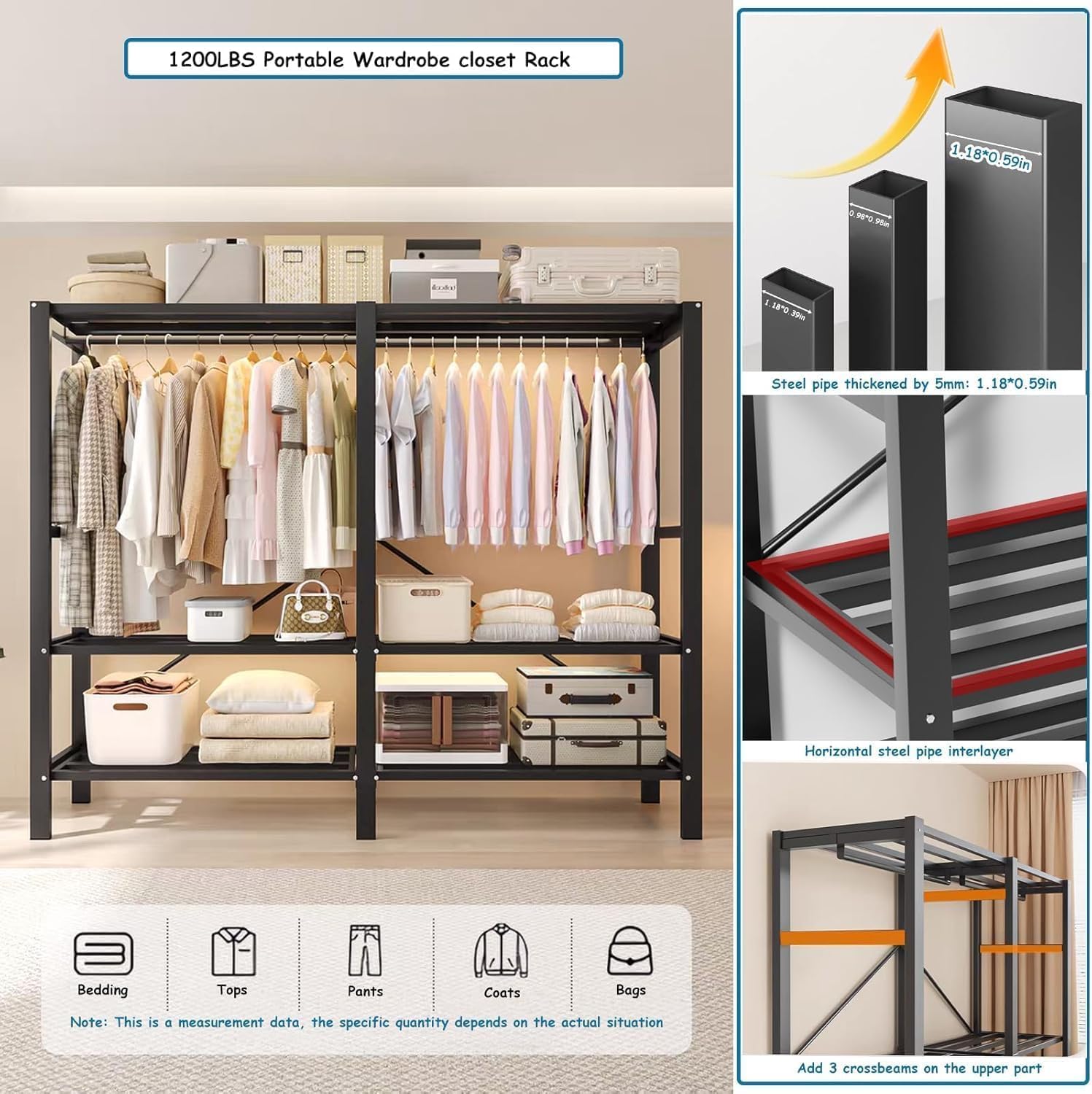 Heavy Duty Portable Closet with Cover 1200Ibs Foldable Covered Clothes Rack for Hanging Clothes Armoire Wardrobe Closet System Freestanding Coat Storage Garment Racks (150cm/59in（black）)