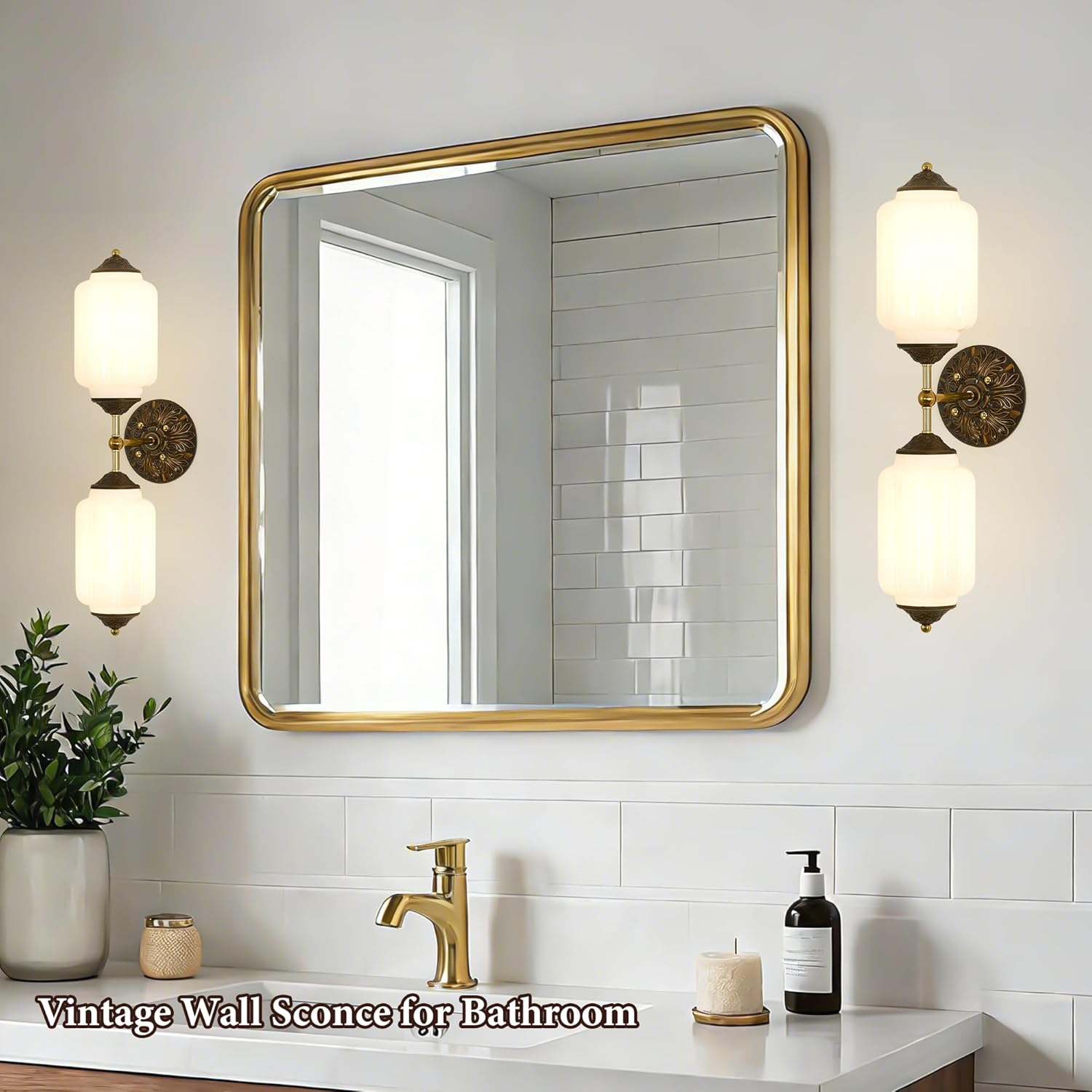 Vintage Milk Glass Bathroom Wall Sconce - 25' Mid Century Dimmable Vanity Light with Bulb - Vertical or Horizontal Mounted Sconces - Modern Brass Gold Lighting Fixture for Indoor Bedroom Hallway Decor
