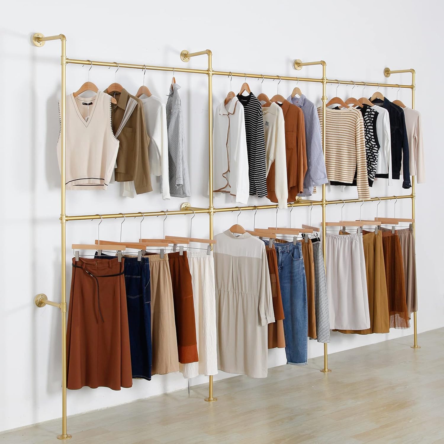 Wall Mounted Industrial Pipe Clothing Garment Racks, Metal Clothing Store Display Stands Clothes Rack Multi-purpose Heavy Duty Hanging Rod for Closet Storage, 134in Gold