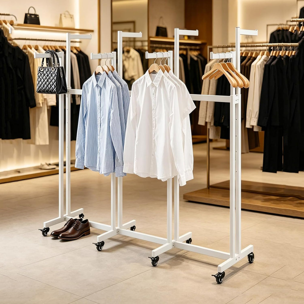 Floor Standing Metal Garment Rack - Heavy Retail Display Racks With Wheels, 8 Arms Clothing Rack, Square Tubing Portable Shirt Rack, Merchandise Display RackFor Hanging Clothes (L-White)