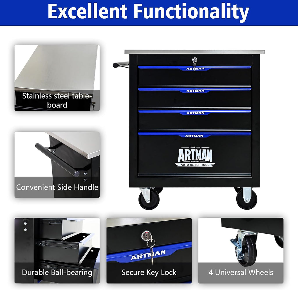 4-Drawer Tool Chest with Wheels, Combinable Rolling Tool Cart, Rolling Tool Box，Storage Organizer Cabinet for Garage,Warehouse, Repair Shop, Workshop