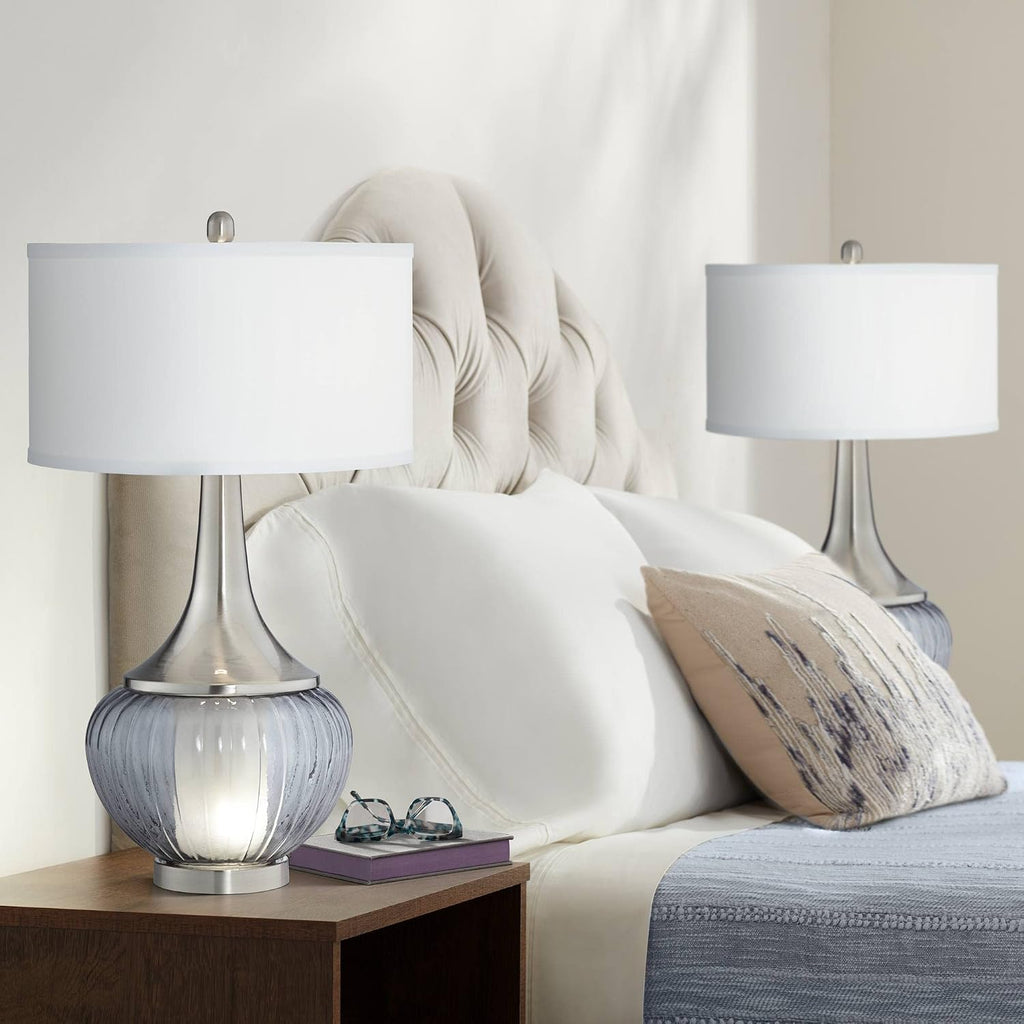 360 Lighting Courtney Modern Table Lamps 28 1/2' Tall Set of 2 with Night Light Brushed Nickel Ribbed Glass White Linen Drum Shade for Bedroom Living Room House Bedside Nightstand Office