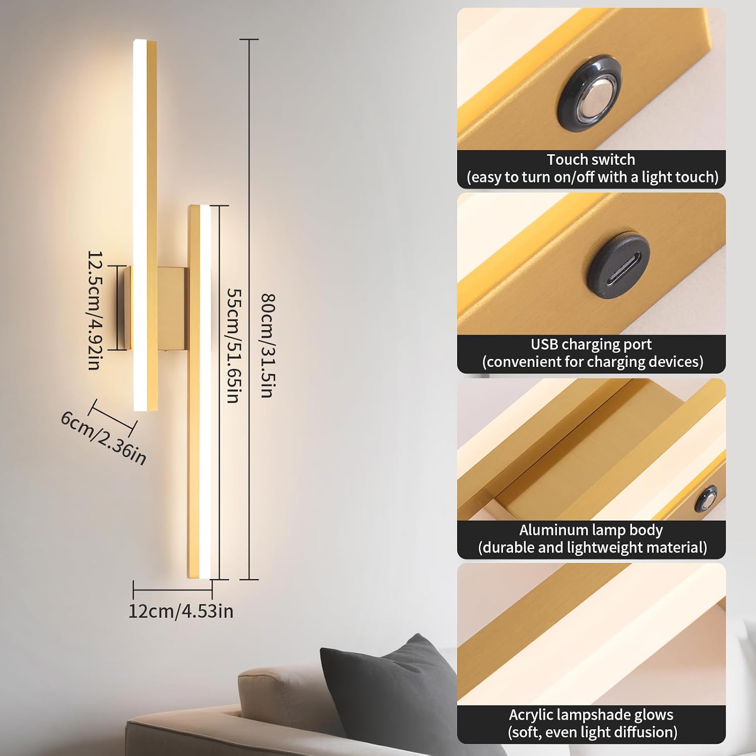 Modern Battery Operated Wall Sconce Set of Two,Gold Wall Light with Remote,Rechargeable LED Wall Lamp Indoor for Bathroom Living Room Bedroom Corridor