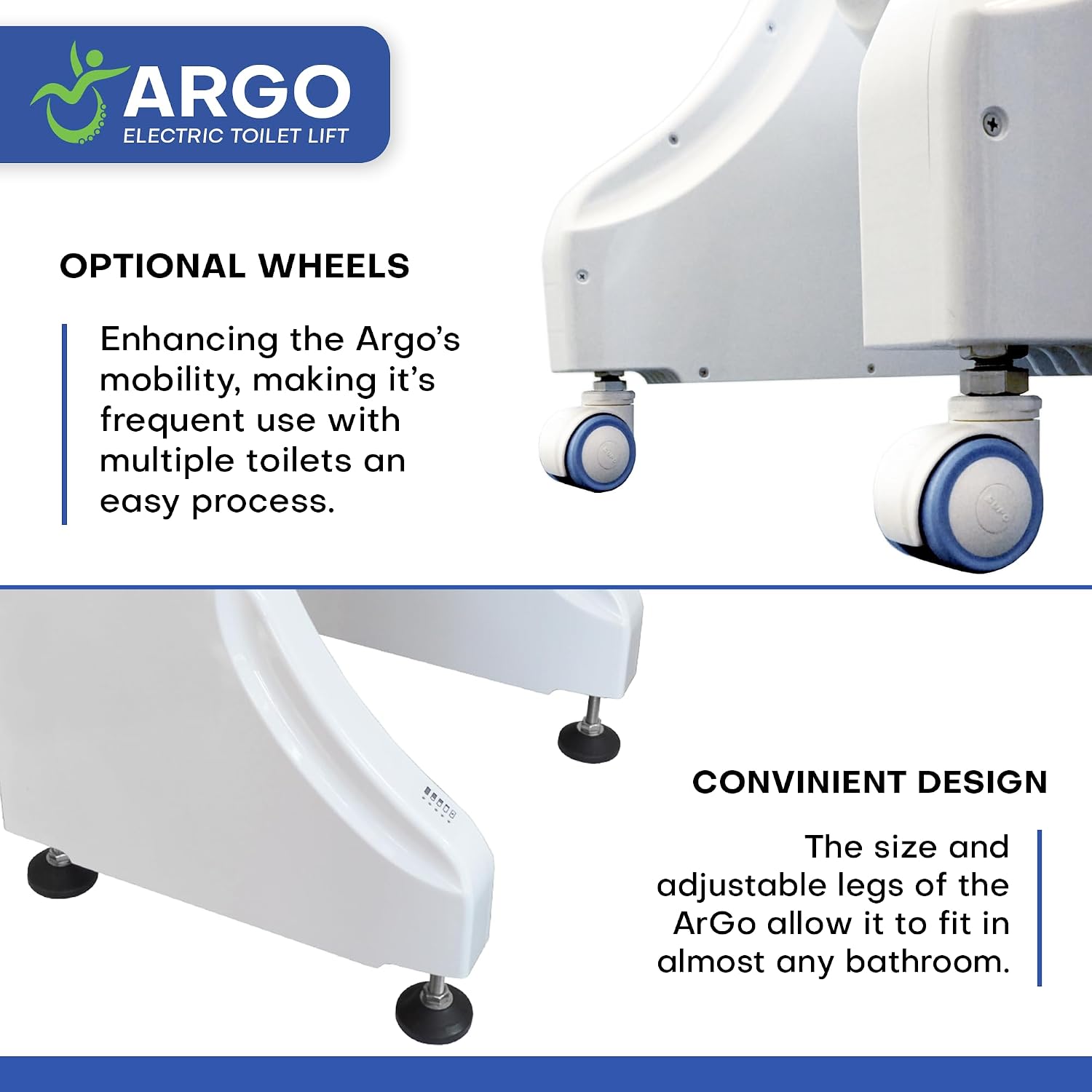 Argo Electric Toilet Lift, Quiet Elevated Toilet Seat Riser for Seniors in Bathroom. Powered Toilet Lift Assist up to 450 lbs, White, Plug-in or Battery Powered