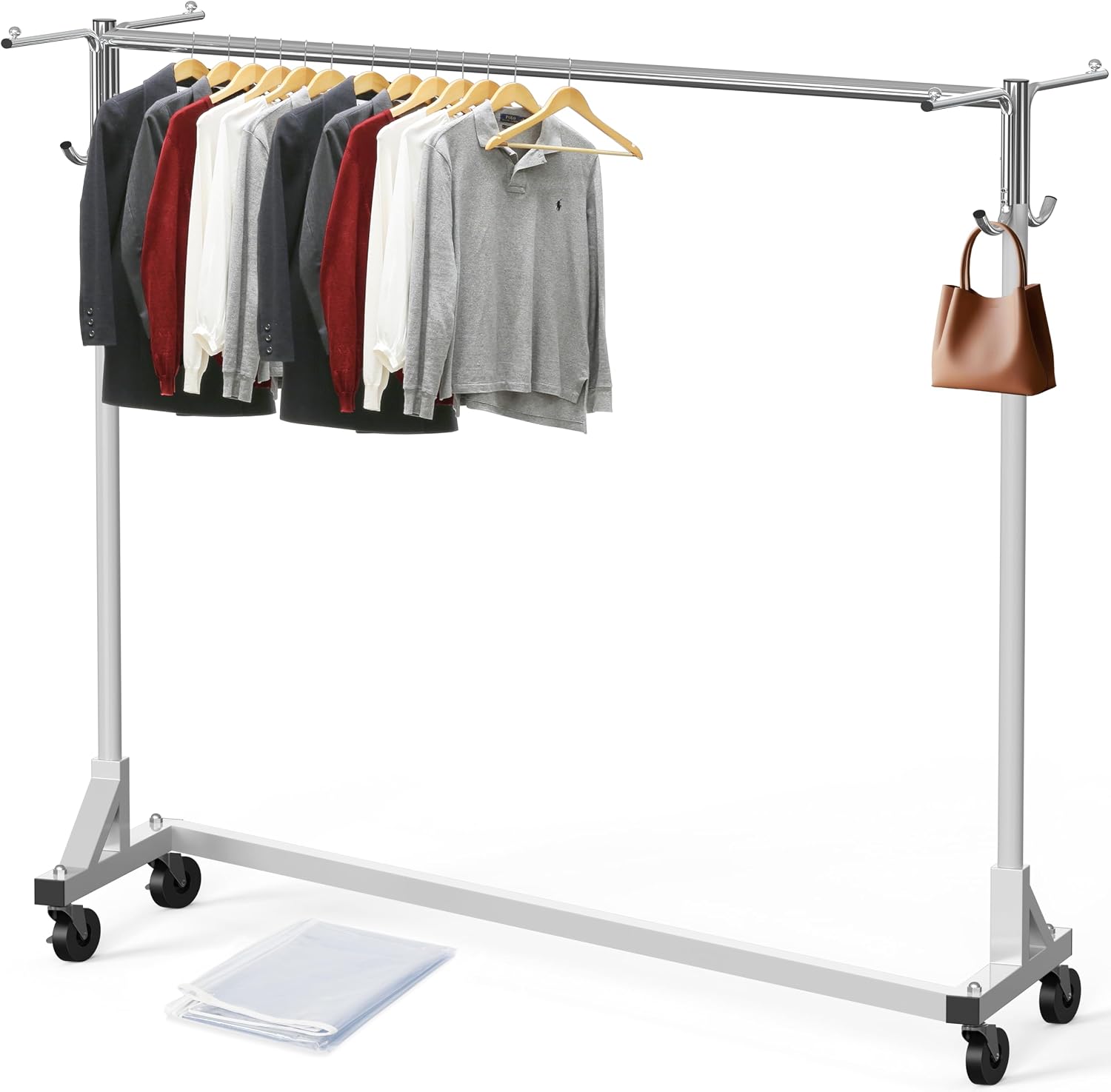 Simple Houseware Industrial Grade Z-Base Garment Rack, 500lb Load with 62' Extra Long bar w/Clear Cover and Tube Bracket