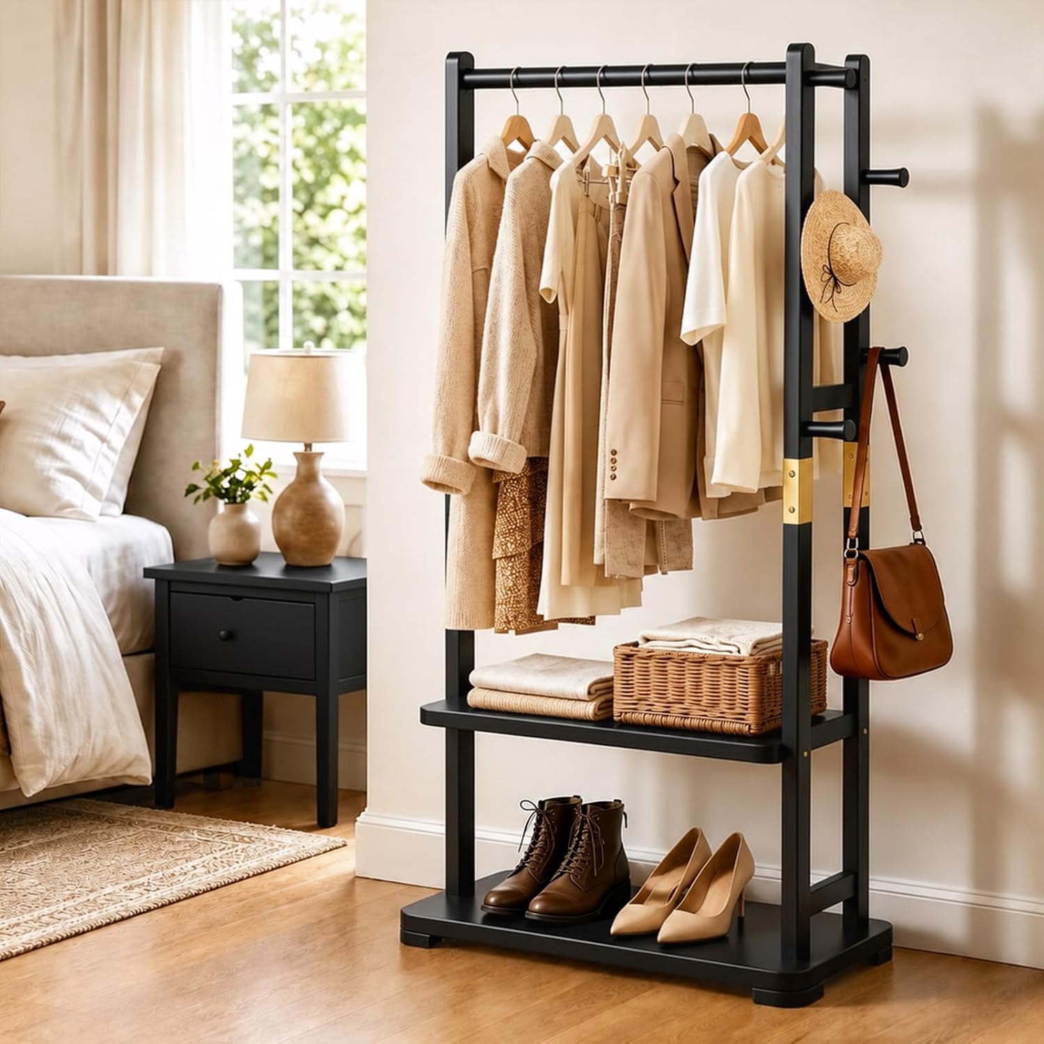 Solid Wood Clothes Rack with 2 Shelves & 4 Hooks for Hanging Clothes Garment Wallets Hats, Black Clothing Rack Heavy Duty Coat Rack Freestanding with Storage Hall Tree for Hallway Bedroom Living Room