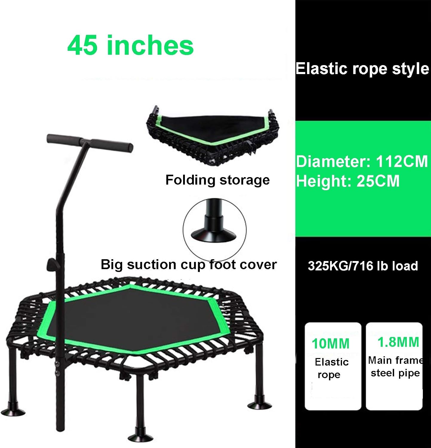 Indoor Trampoline for Kids Built-in Metal Sheet,Trampoline for Adults,Silent Elastic Rope,Trampoline 5-Speed Floor-Standing Lifting Armrest,The Best Fitness Gift (Color : B-Green, Size : 45inc)