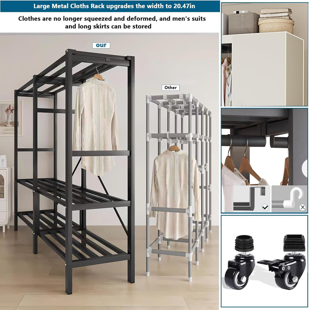 Heavy Duty Covered Clothes Rack with Magnetic Door 1500LBS Foldable Portable Wardrobe Closet for Hanging Clothing Rolling Black Metal Garment Rack on Wheels Closet System (White, 71in)