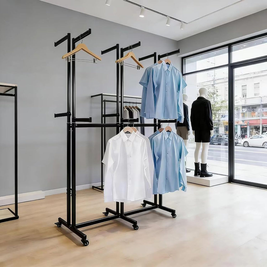 Floor Standing Metal Garment Rack - Heavy Retail Display Racks With Wheels, Two-story 12 Arms Clothing Rack, Square Tubing Portable Shirt Rack, Merchandise Display RackFor Hanging Clothes (Black-2)