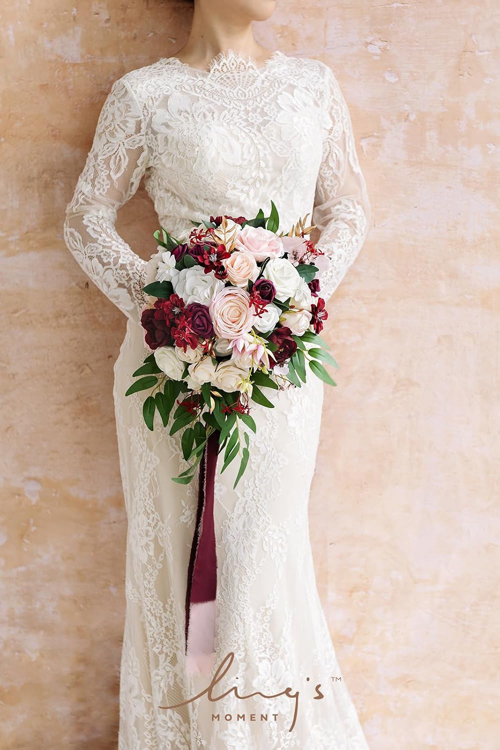 Ling's moment Wedding Artificial Flowers Package, Bridal Bouquet, Bridesmaid Bouquets, Boutonniere for Men, Rose Petals.Burgundy Blush