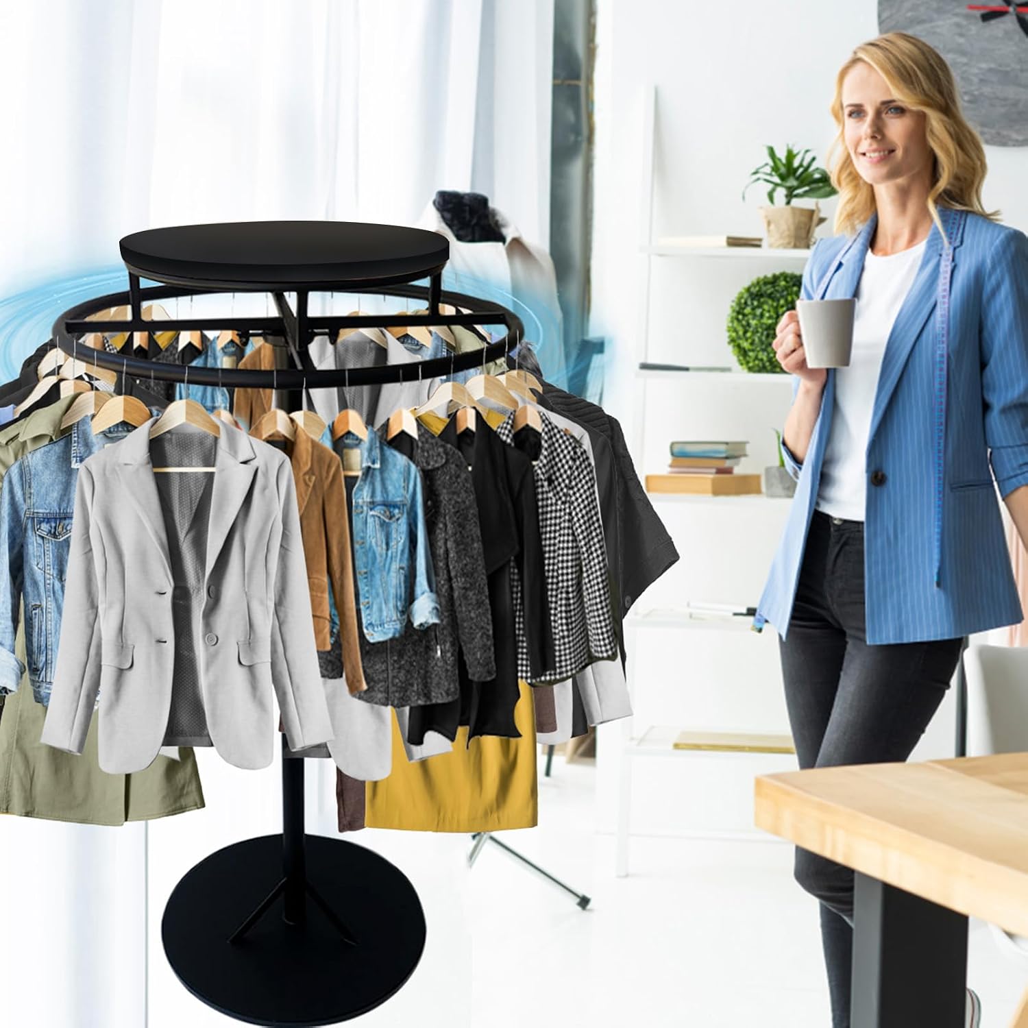 Round Garment Rack, Floor Standing Rotatable Clothing Rack, Clothes Retail Display Stand, for Bedroom Boutique Commercial Shop Laundry Room