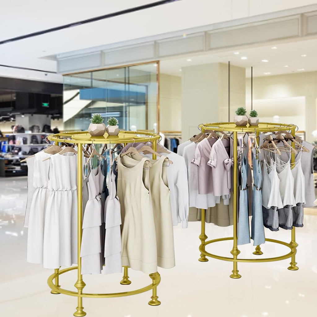 Round Garment Rack, Floor Standing Iron clothes Hanging Rack with Topper, Suitable for Large Shopping Malls Retail, Clothes Boutique Display Laundry Rooms Multi-Purpose Hanging (GOLD)