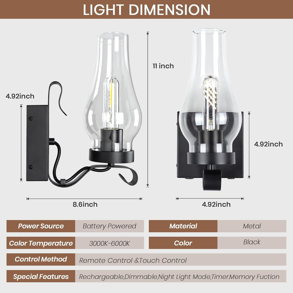 Battery Operated Wall Sconces, Rustic Wall Lights Sets of 2, Non-Hardwired Antique Kerosene Wall Lamps, Vintage Bedside Wall Sconces with Remote Control for Living Room, Bedroom, Hallway etc