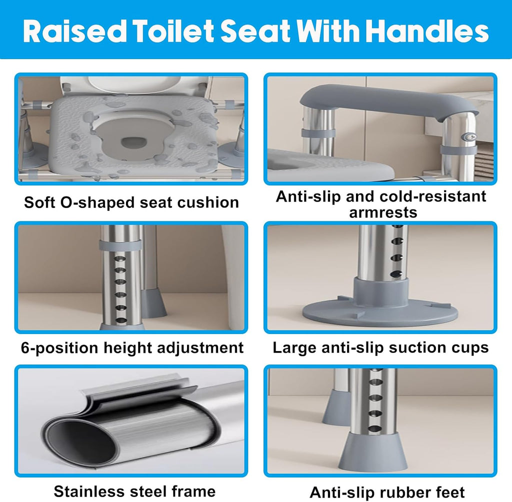 Toilet Seat Risers for Seniors, Raised Toilet Seat with Handles, 440lb Capacity, Adjustable Commode Chair with Non-Slip Padded Seat, Fits Most Toilets