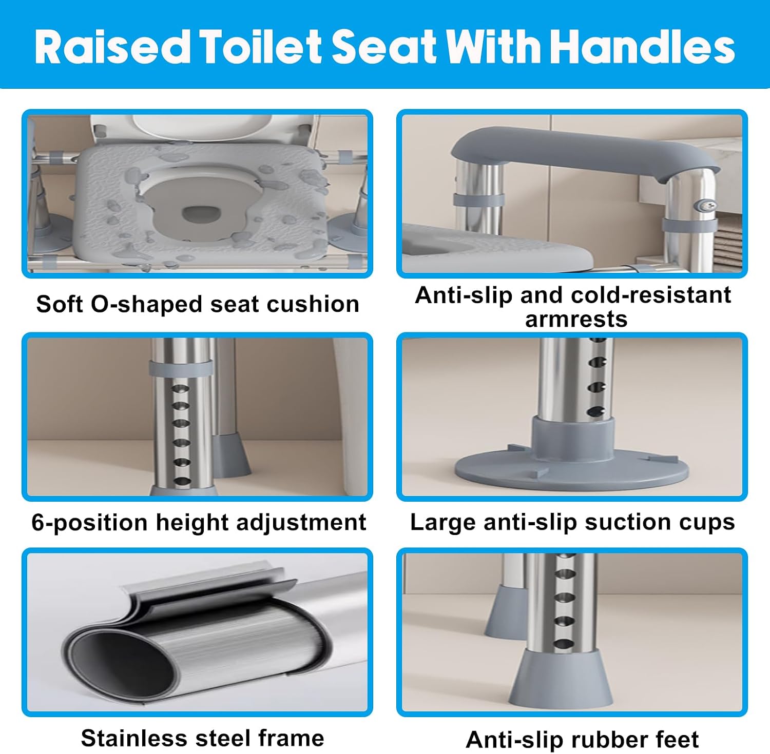 Toilet Seat Risers for Seniors, Raised Toilet Seat with Handles, 440lb Capacity, Adjustable Commode Chair with Non-Slip Padded Seat, Fits Most Toilets