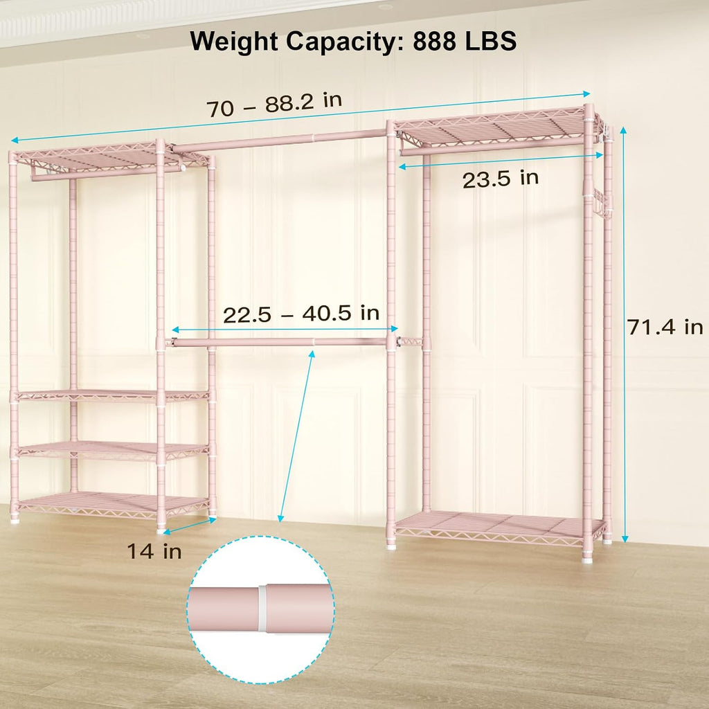 Ulif E1 Heavy Duty Closet Garment Rack, 6 Tiers Adjustable Metal Freestanding Expandable Clothing Storage with 4 Hanger Rods, Easy to Assemble Wardrobe, 71.4' H x (70' - 88.2') L x 14' D, Pink