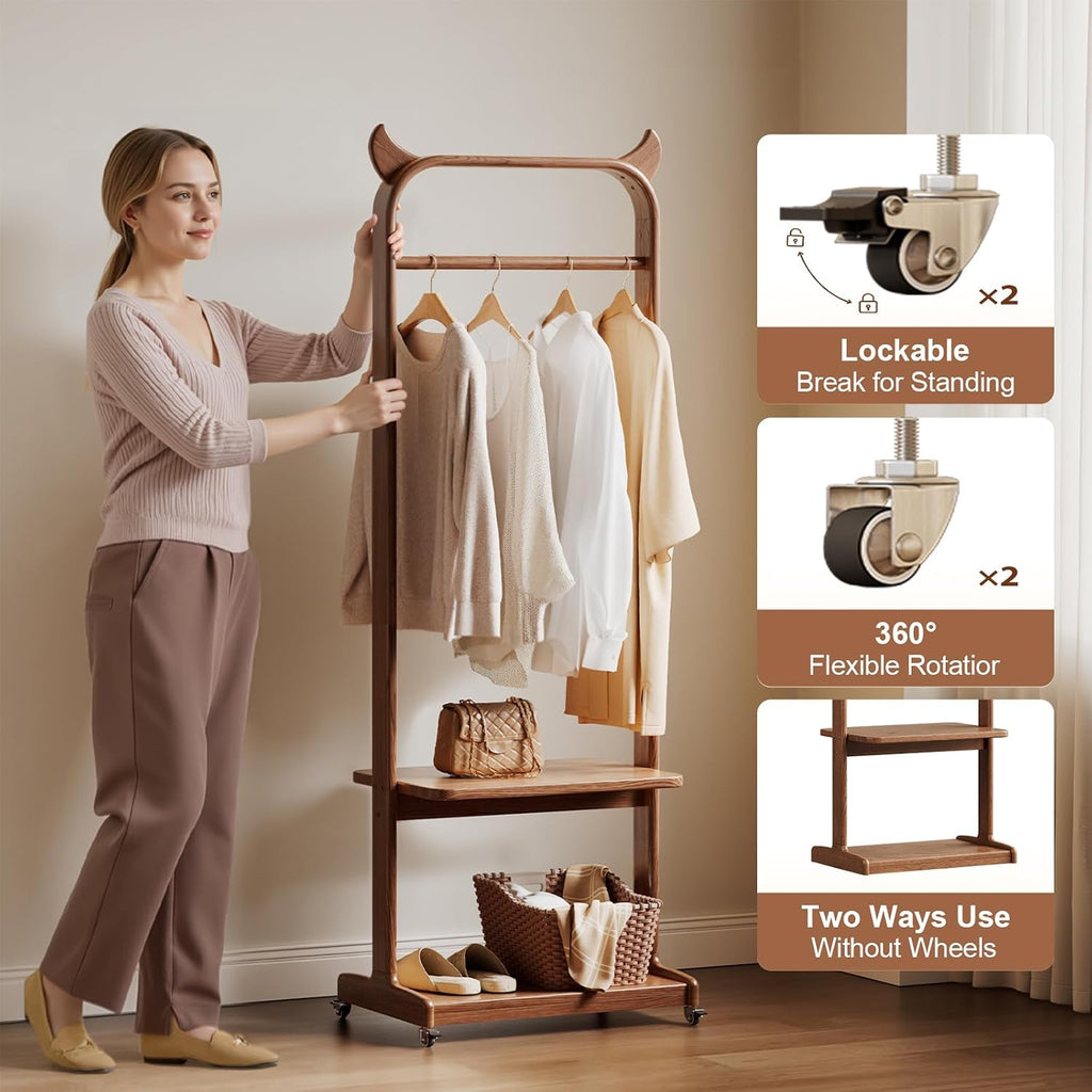 Solid Wood Clothing Racks with Shelves, Rolling Clothes Rack for Hanging Clothes Load 300 LBS, Portable Garment Rack with Wheels for Small Space (Walnut)
