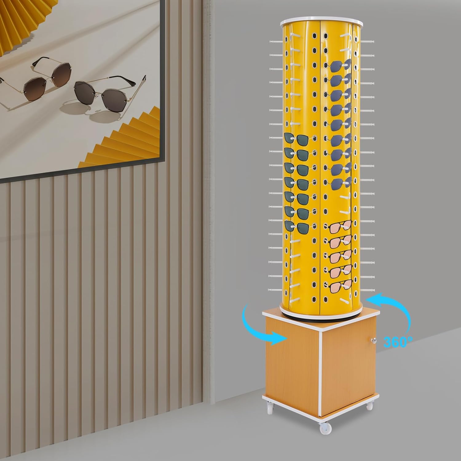Glasses Display Stand, 114-Pair Eyewear Storage Rack for Sunglasses & Reading Glasses, 360°Swivel Commercial Eyeglass Organizer for Optical Shop, Jewelry Store, Retail Display (Yellow)