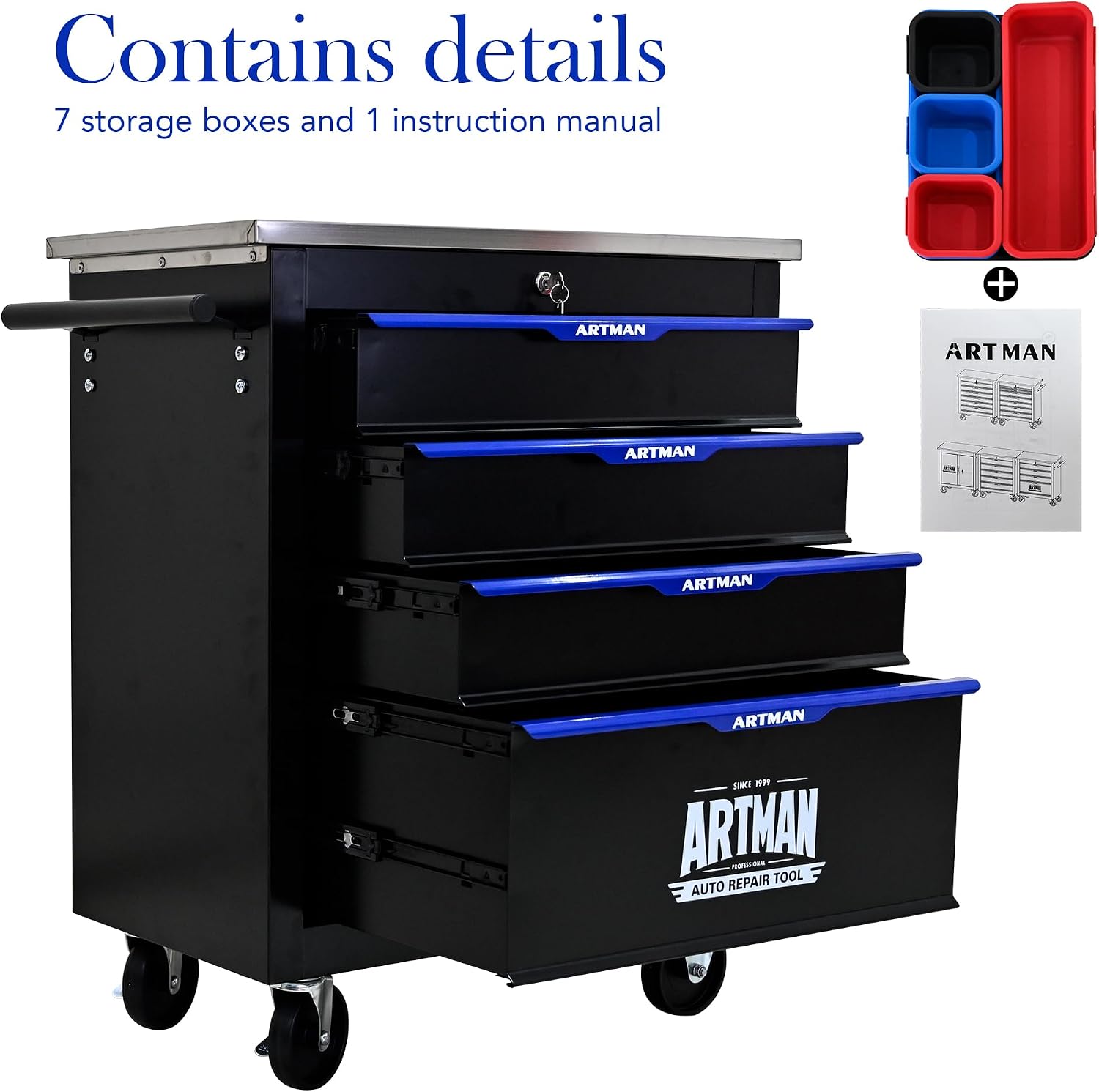 4-Drawer Tool Chest with Wheels, Combinable Rolling Tool Cart, Rolling Tool Box，Storage Organizer Cabinet for Garage,Warehouse, Repair Shop, Workshop