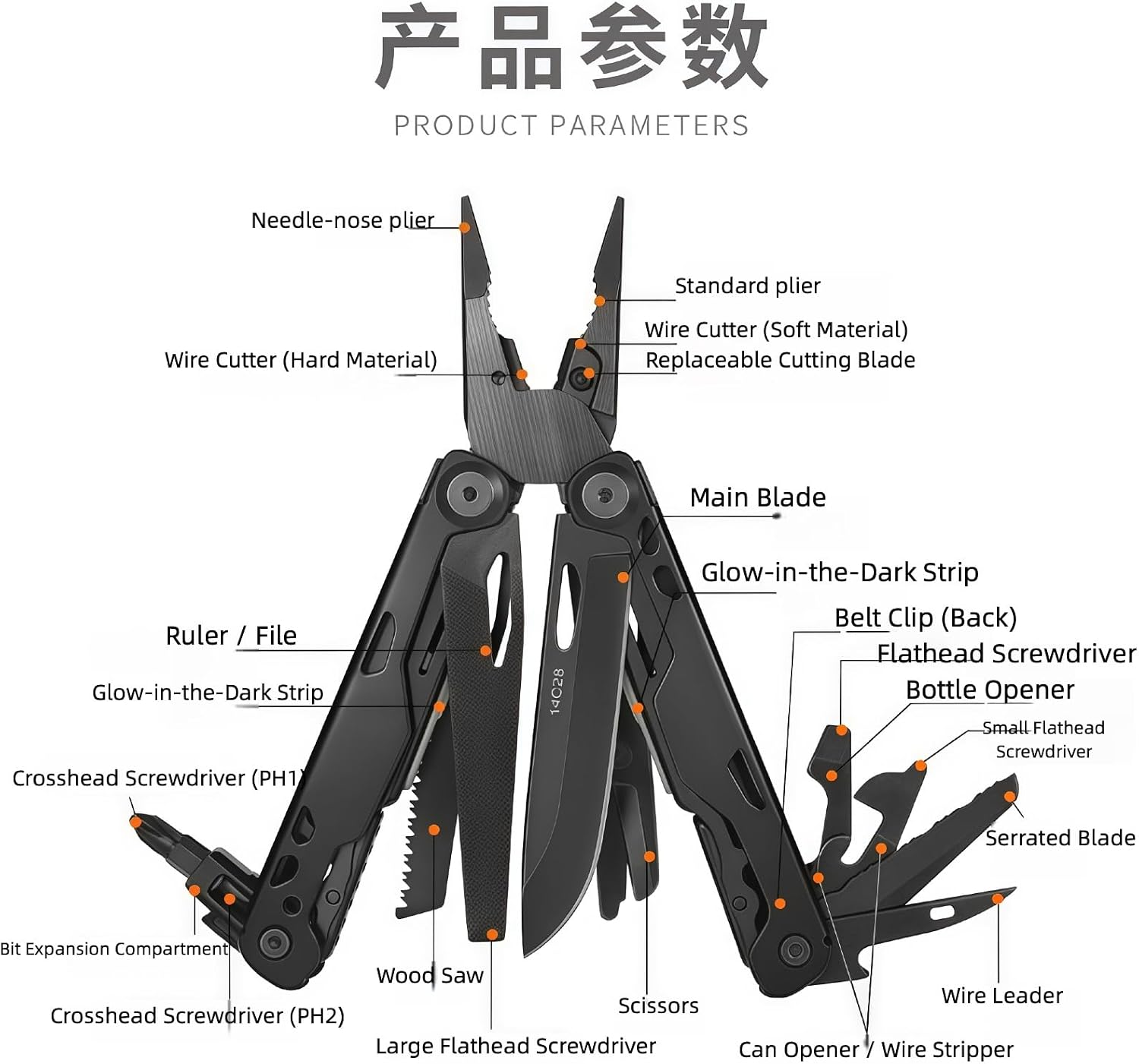 Multitool, 20-in-1 Full-Size, Lightweight EDC, Multi-Purpose Pliers, Pocket Knife, Tactical Gear, Nylon Bag, Tools, Gifts for Guys, Equipment for Emergencies, Hiking, and Outdoor Camping (Black)