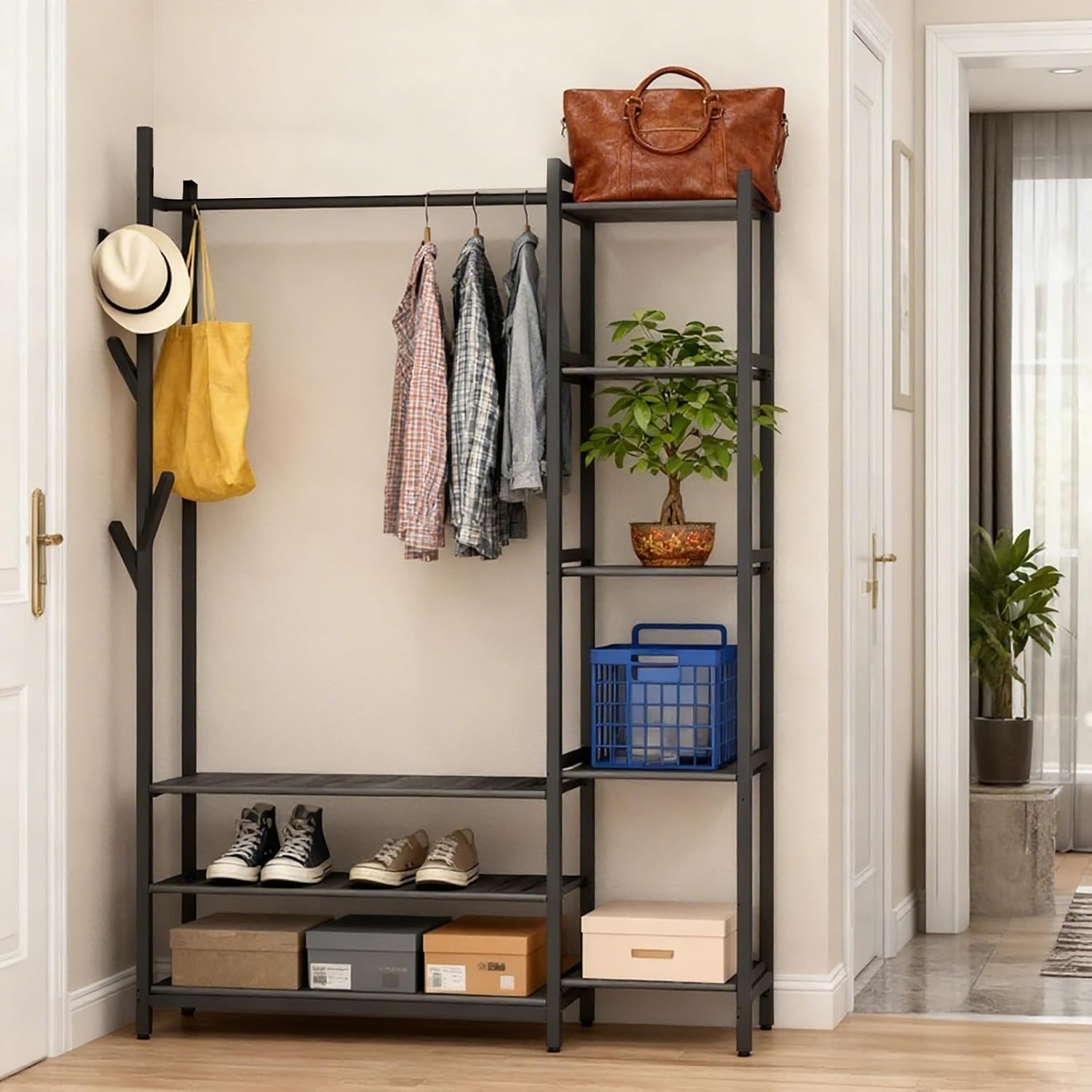4 in 1 Freestanding Closet Organizer with Clothes Rack & Shoes Rack & 5 Side Shelves, Heavy Duty Wood Clothing Rack for Hanging Clothes, Multi-functional Wardrobe Closet for Entryway/Bedroom- Back