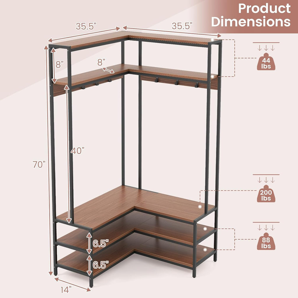 Giantex Corner Coat Rack with Shoe Bench, L-Shaped Garment Rack with 5 Shelves & 7 Hooks, Heavy Duty Freestanding Clothes Racks Entryway Bench with Shoes Organizer for Hallway (Walnut & Black)