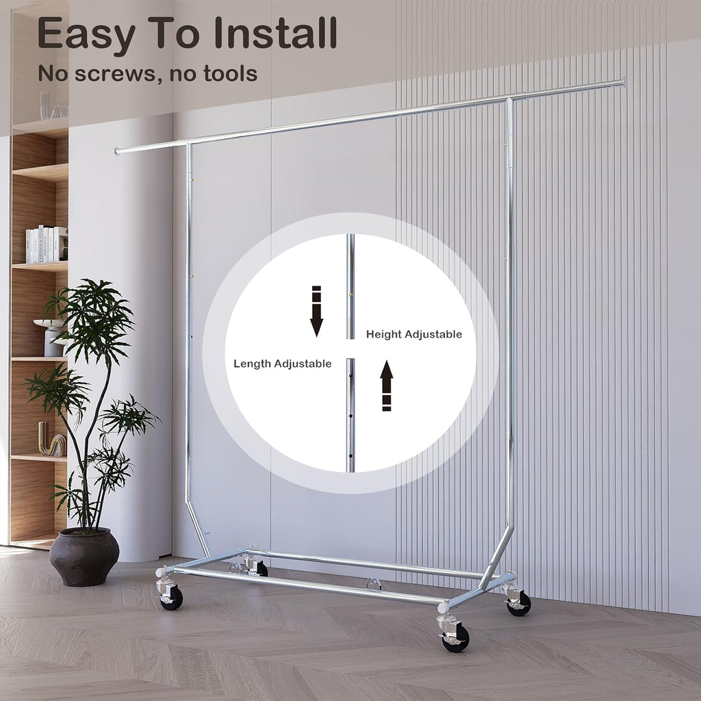 Clothes Rack With Wheels Garment Racks For Hanging Clothes Metal Portable Rack Heavy Duty One-Piece Bar Collapsible Rack For Bedroom Living Room Balcony
