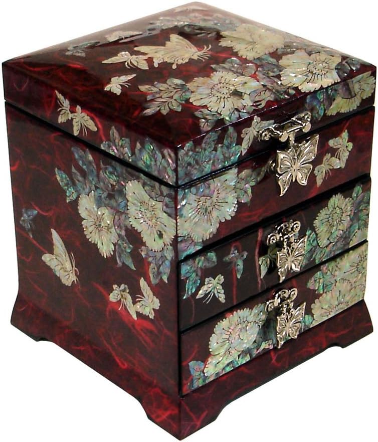 Antique Alive Mother of Pearl Inlay Design Jewelry Box, Wood Jewelry Box, Trinket Case, Keepsake Treasure Chest Box Organizer Holder (Flower)