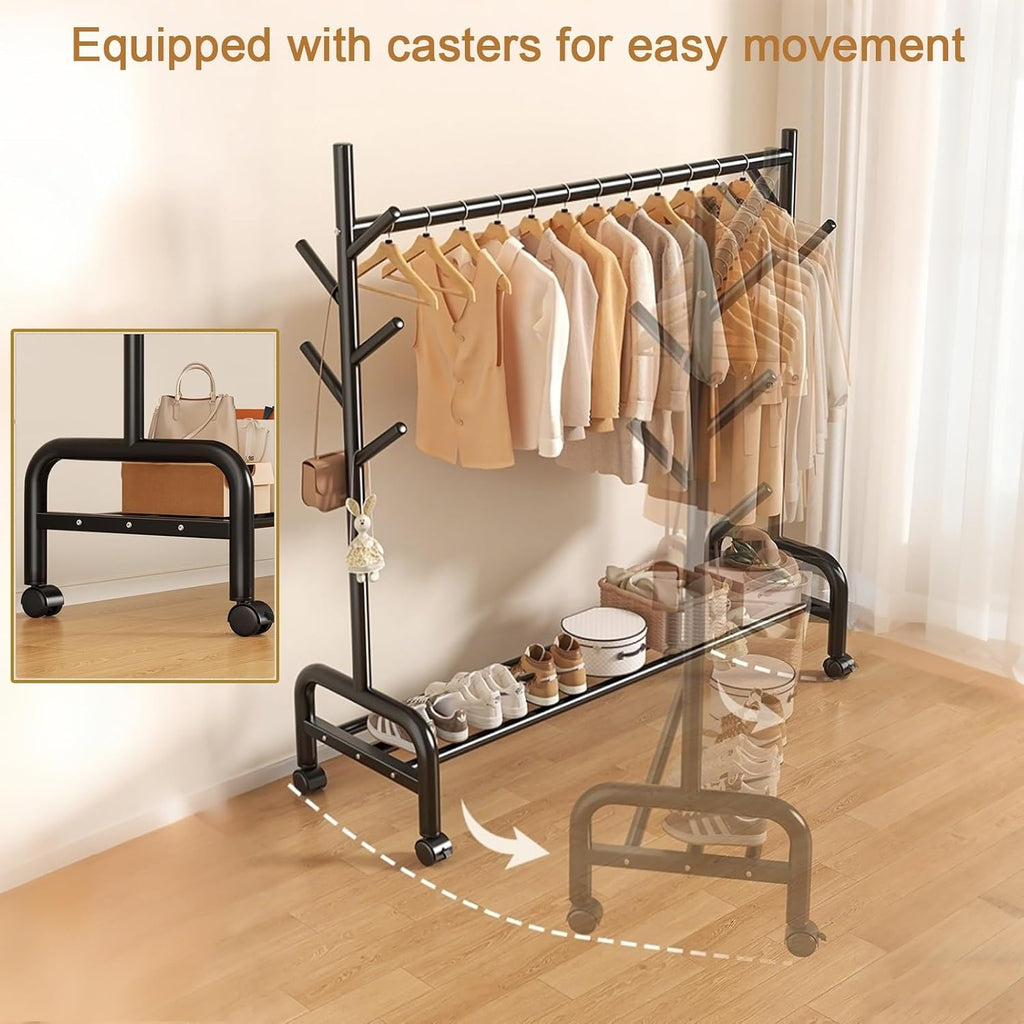 Heavy-Duty Clothes Rack,Rolling Garment Racks With Wheels,Hanging Storage Racks,Freestanding Metal Coat Organizer With Branch Hooks & Bottom Shelf,for Bedroom/Living Room(White,80cm(31.5in))