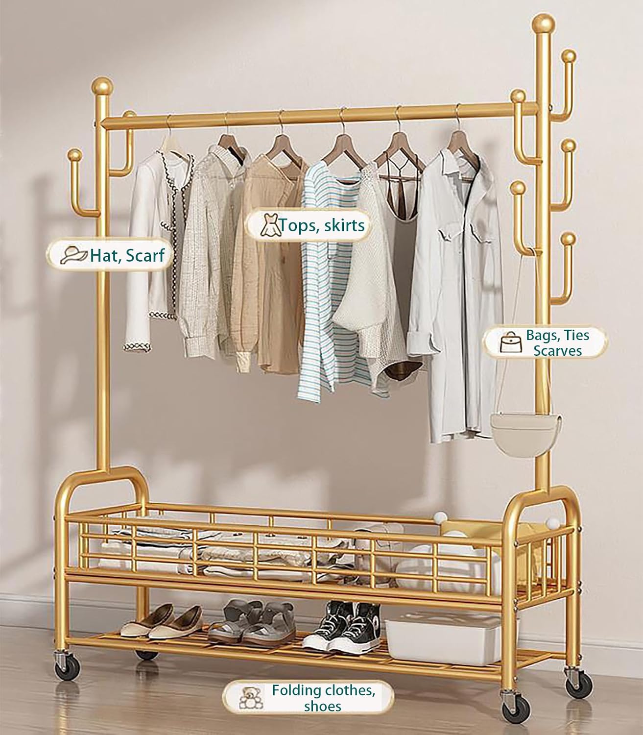 Clothing Rack, Standing with Wheels, Heavy Duty for Storage, Gold，for Hanging Organizers Clothes,Shoes,Bags,Scarf,Neckties Ideal for offices, bedrooms, foyers (Gold, S)