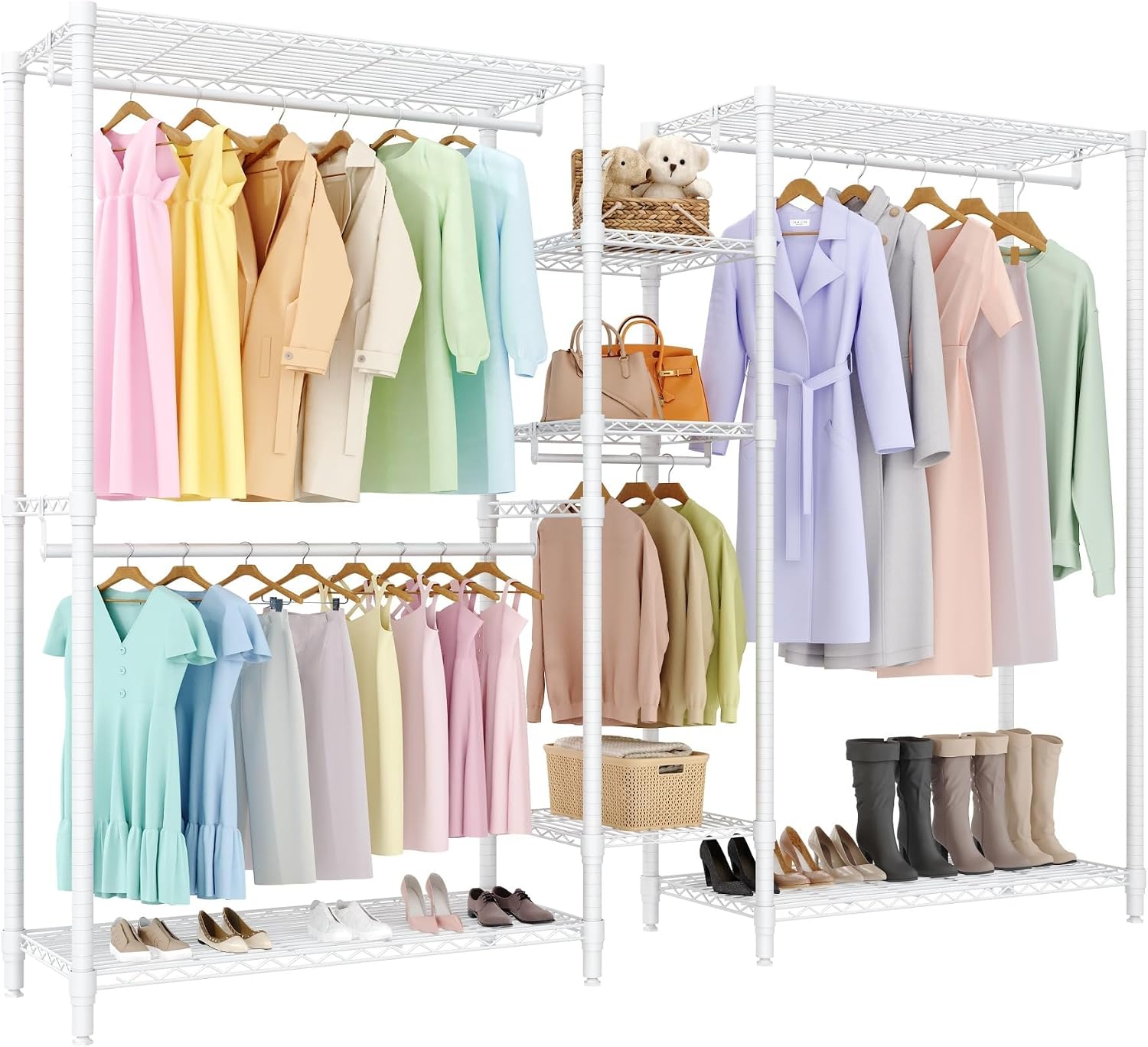 1630 LBS Heavy Duty Clothes Rack with Adjustable Shelves, 5 Tiers L-Shaped Freestanding Closet Organizer and Storage for Hanging Clothes, 85.4' W x 17.4' D x 70.5' H
