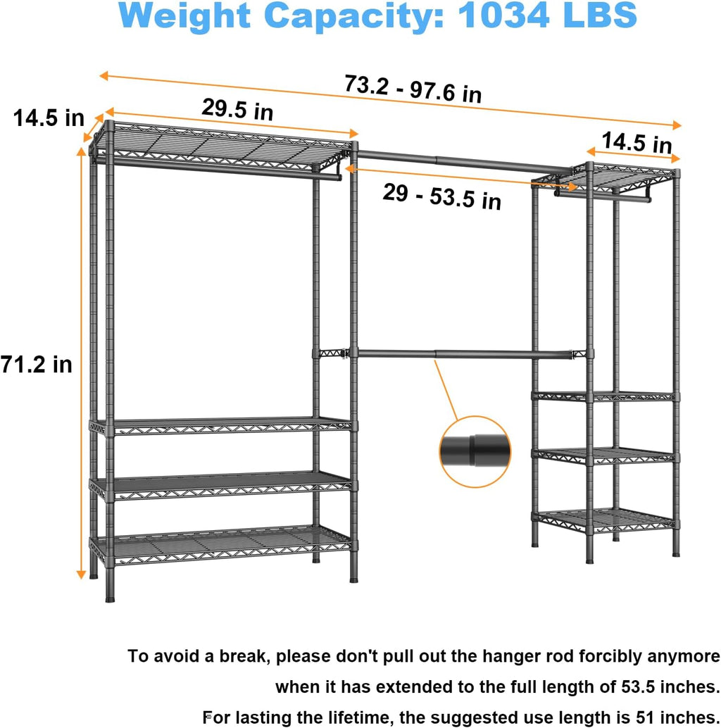 Ulif E11 Heavy-Duty Garment Rack, Metal Freestanding Clothes Rack and Closet Storage Organizer System with 8 Shelves and 4 Hanger Rods, (73.2-97.6)' W x 14.5' D x 71.2' H, Load 1034 LBS, Black