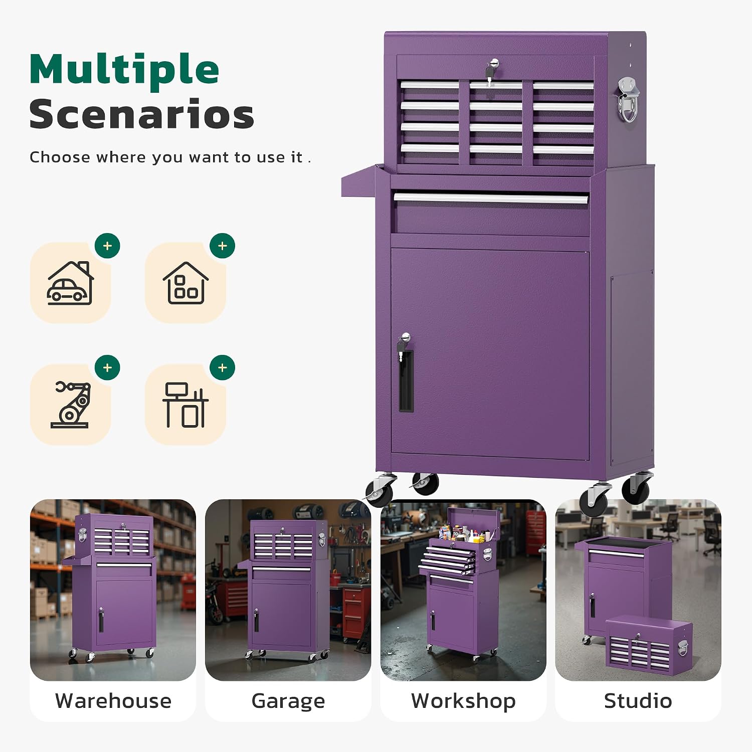 Greenvelly Tool Chest, 5-Drawer Rolling Tool Chest with Hooks and Lockable Wheels,Metal Storage Detachable Top Tool Box with Lockable Wheels for Garage,Workshop,Art Studio(Purple)