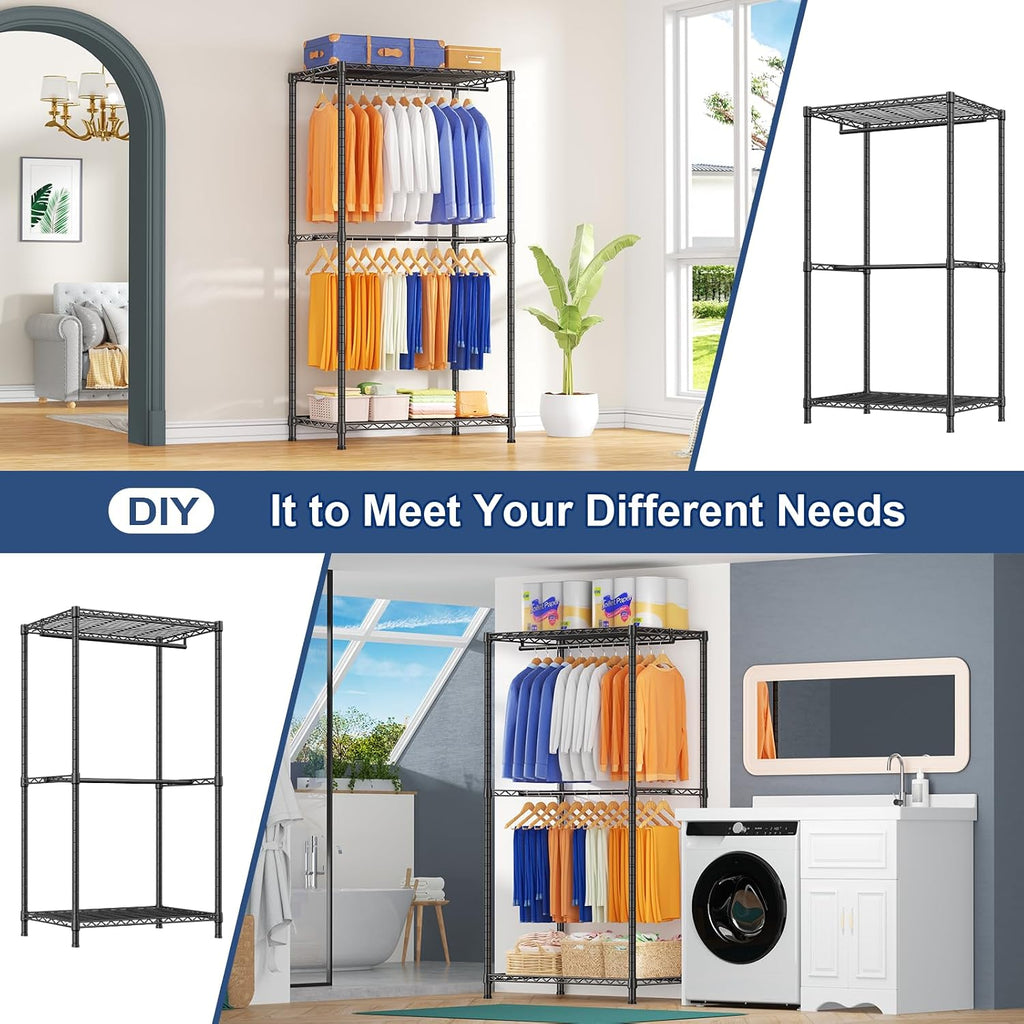 Ulif E12 Pro Clothes Rack，Heavy Duty Freestanding Garment Rack with Shelves，Metal Clothing Closet Storage System for Hanging Clothes，71' W x 16' D x 76.5' H, Hold 960 lbs，Black